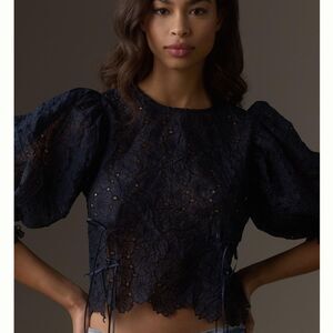 Anthropologie Sheer Floral Tie-Hem Blouse Blue Tassel